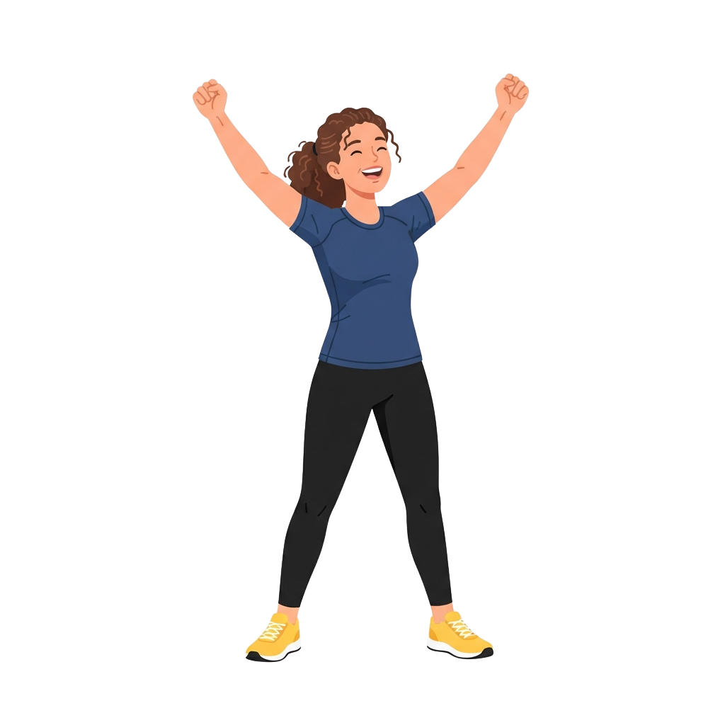 Illustration of a smiling woman with arms raised in triumph, wearing a blue shirt, dark pants, and yellow sneakers