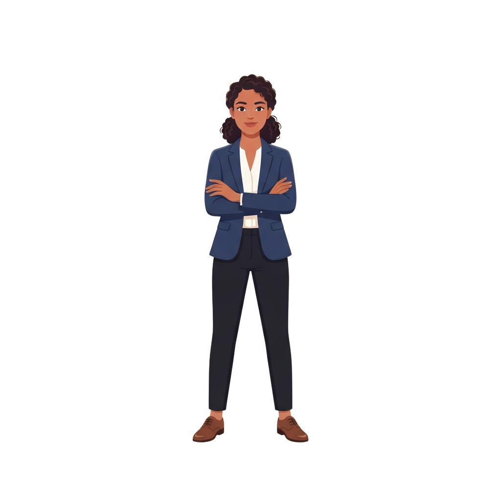 A confident woman standing with arms crossed in a blue blazer, white shirt, and gray pants