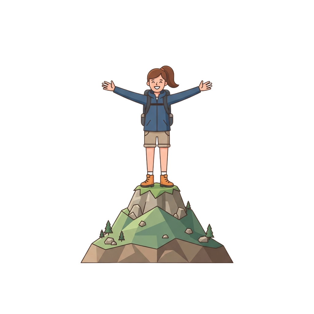 A smiling hiker with arms outstretched standing on top of a green mountain peak
