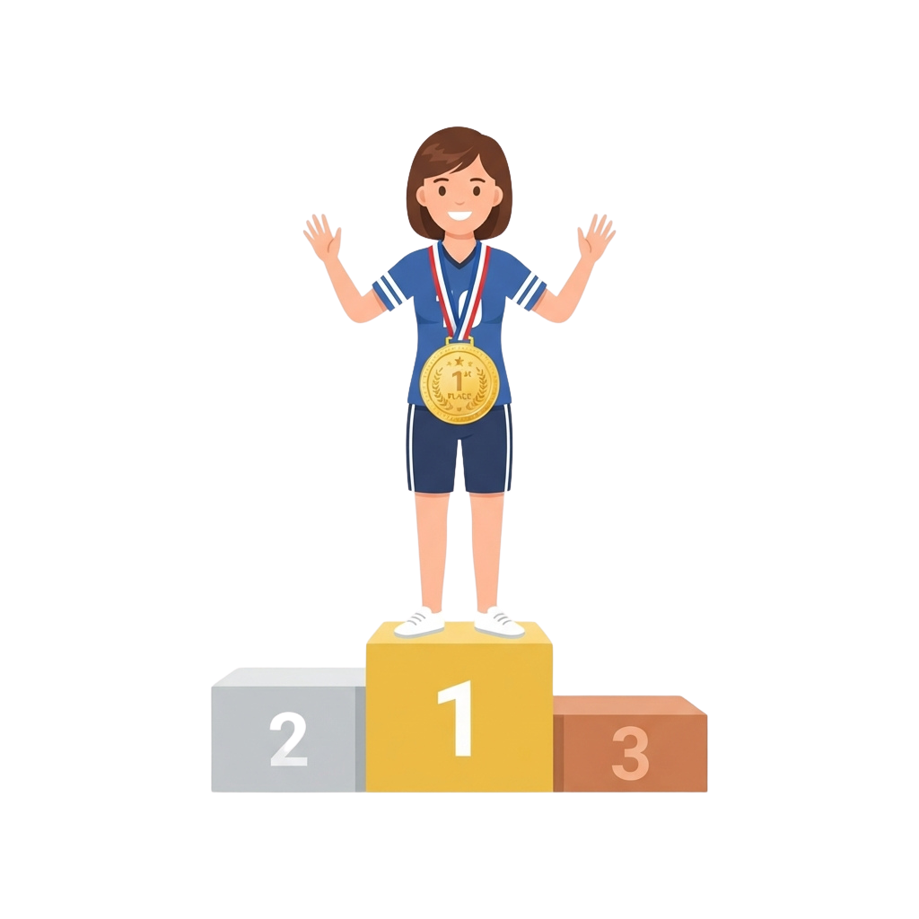 Illustration of a smiling athlete standing on a gold podium with arms raised, wearing a medal