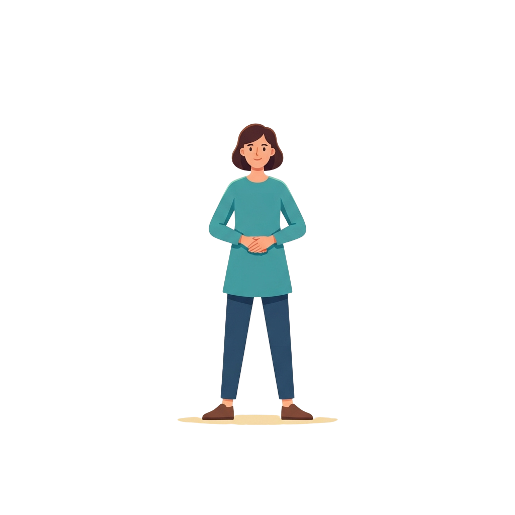Illustration of a person standing with hands clasped, wearing a blue long-sleeve shirt and dark pants.
