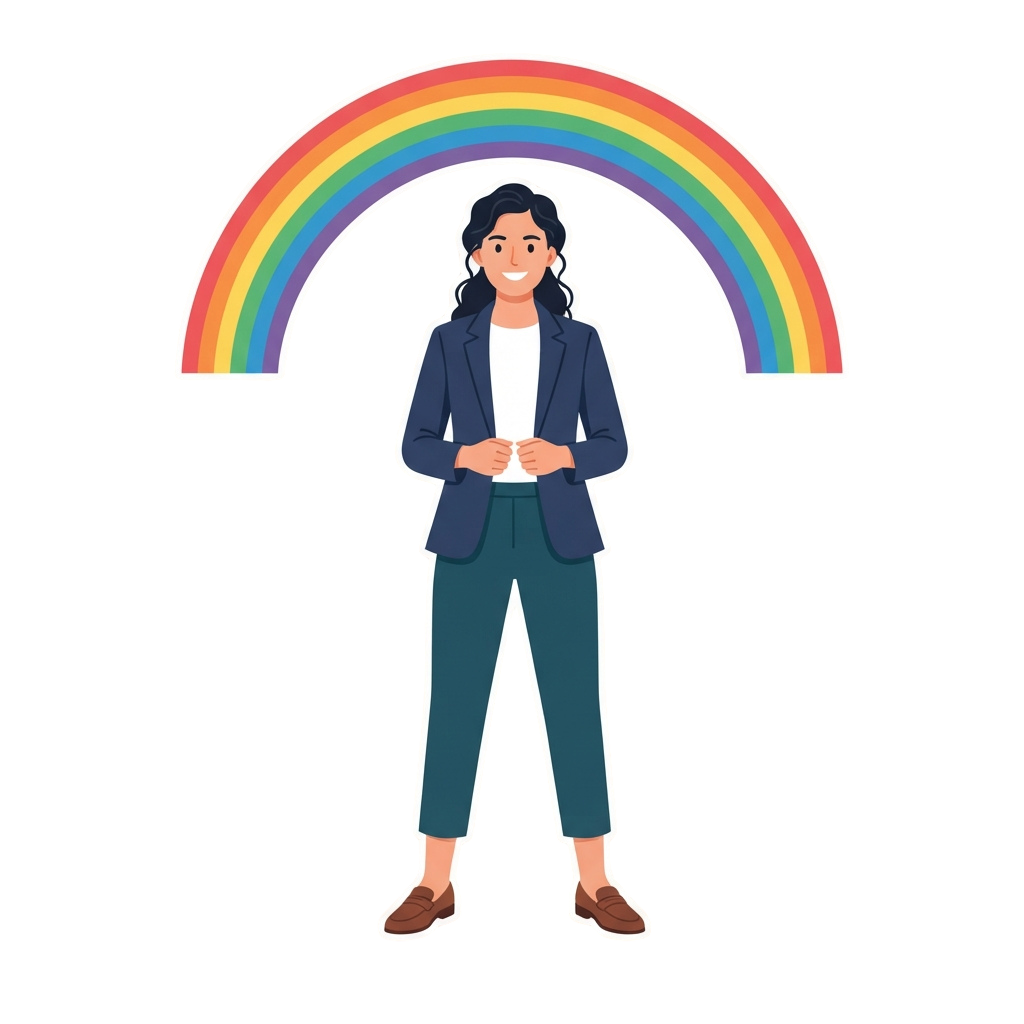 A smiling woman in business attire standing confidently under a colorful rainbow arch