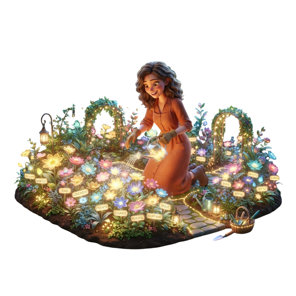 A cheerful woman tending to glowing flowers in a magical garden with illuminated lanterns and floating fireflies.