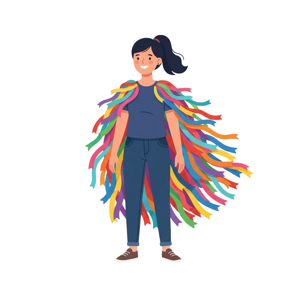 A smiling cartoon person with long hair in a ponytail wearing a dark top and colorful streamers flowing behind them