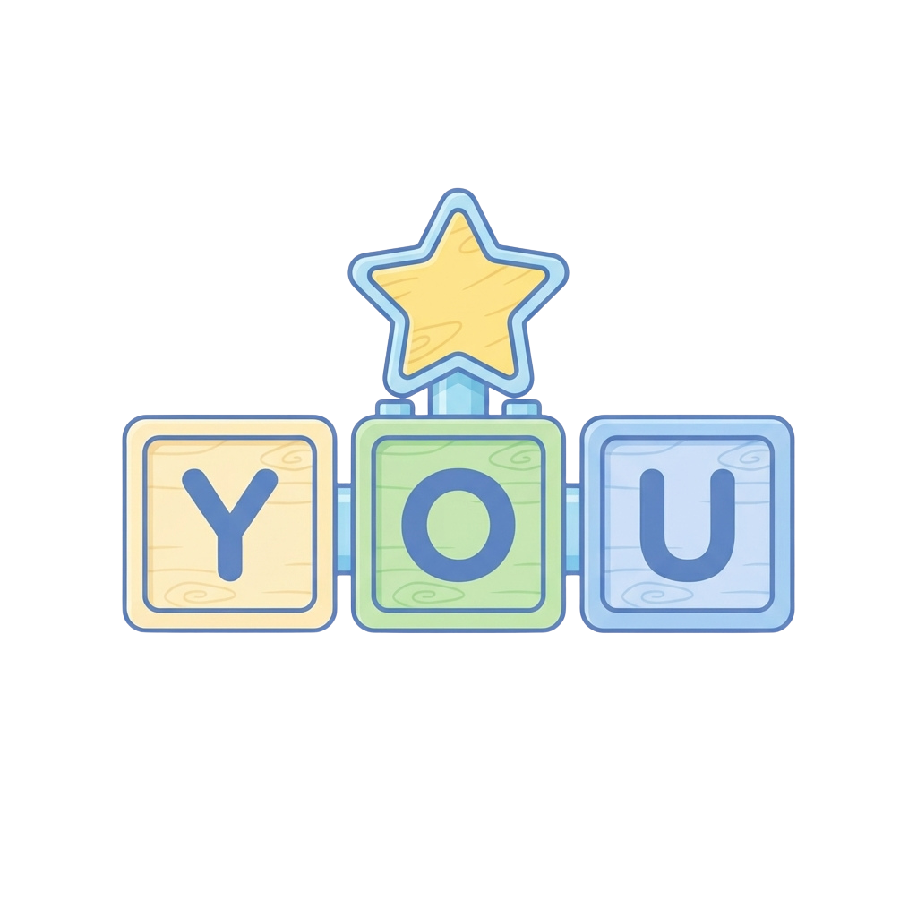 Three wooden blocks spelling you with a star on top