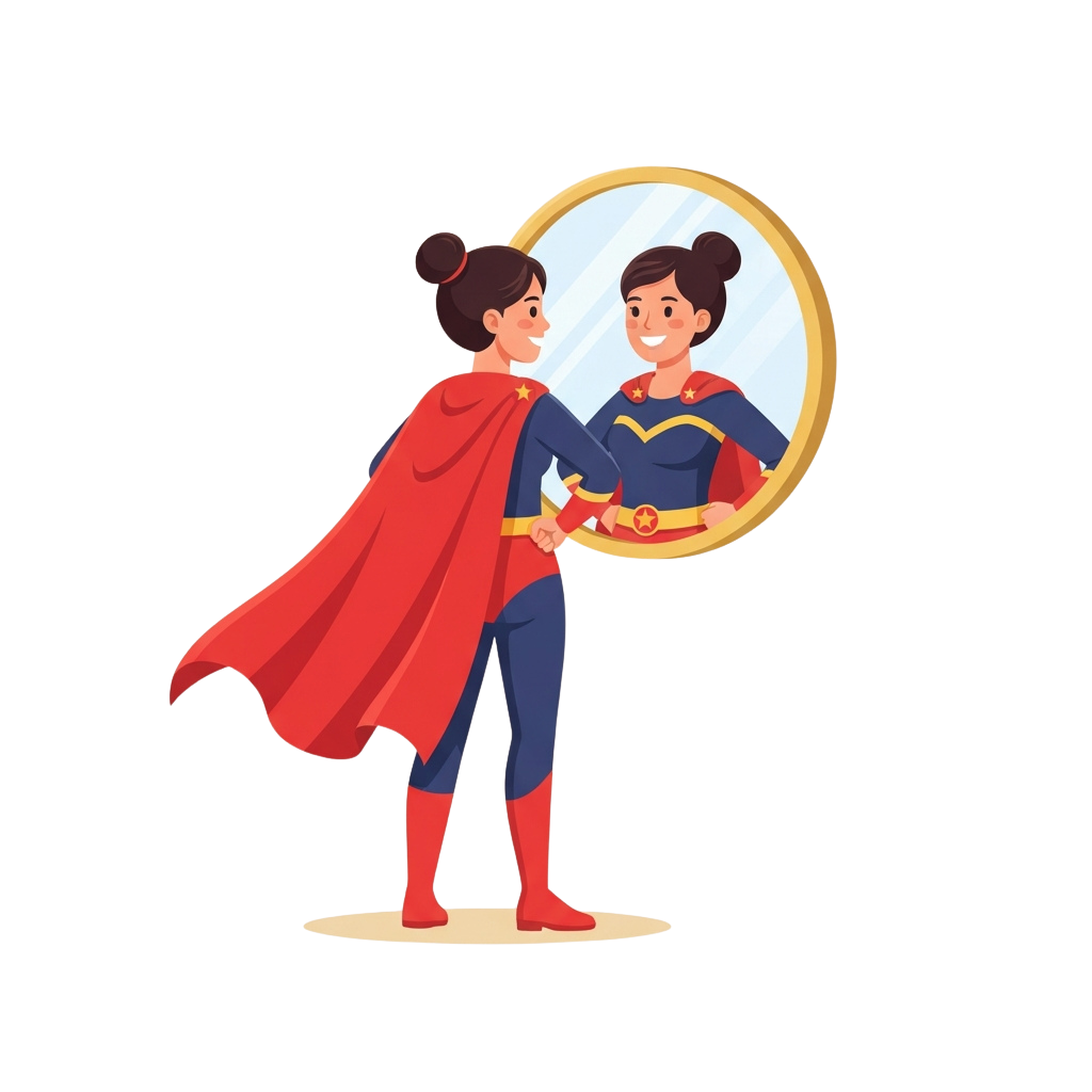 Illustration of a superhero woman in a red cape and blue suit looking at her reflection in a round mirror
