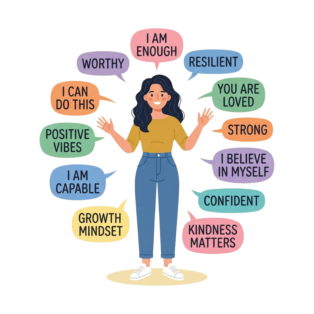 Illustration of a person surrounded by positive affirmation speech bubbles like worthy, resilient, and I believe in myself