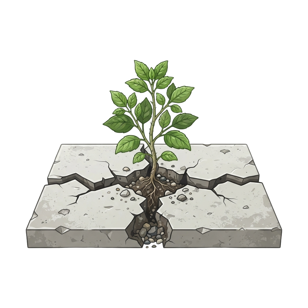A small green plant with leaves growing out of a cracked concrete surface.