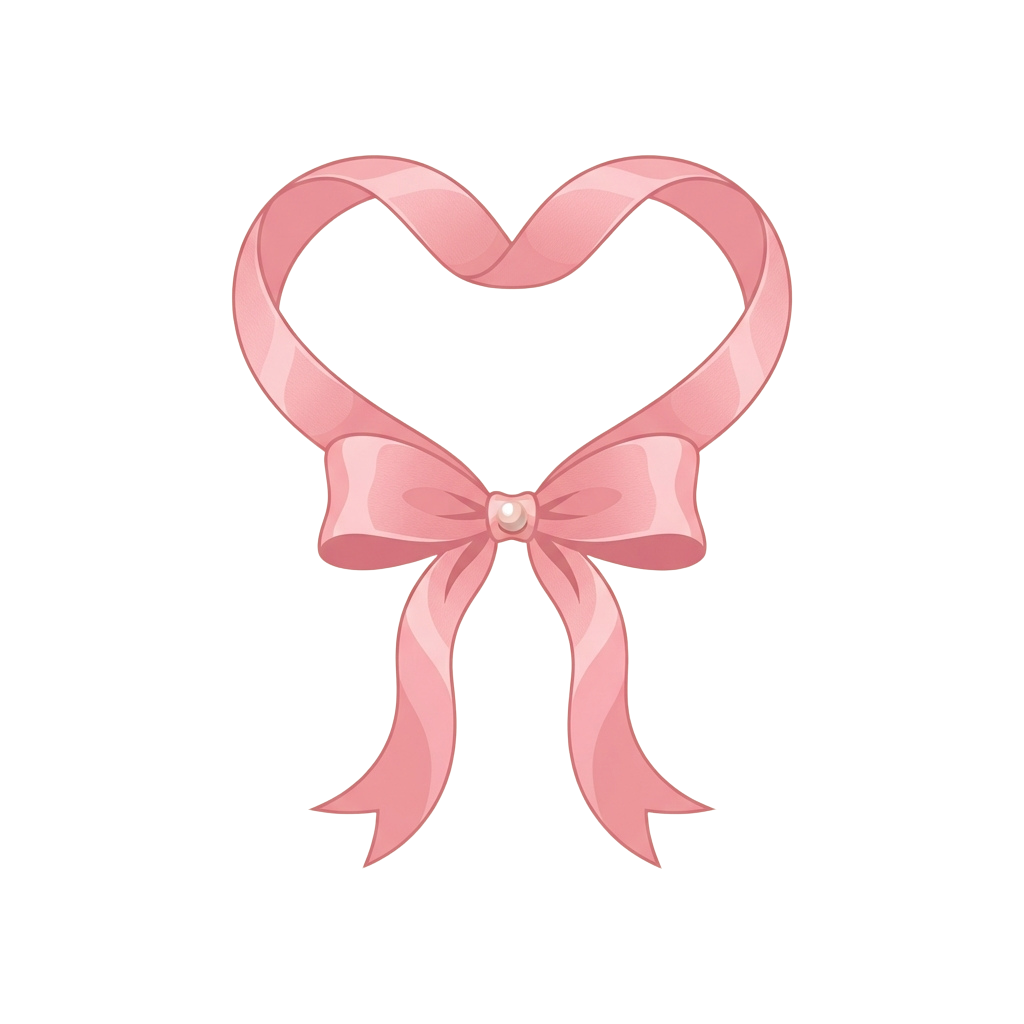 A stylized pink heart-shaped bow ribbon with a decorative pearl center