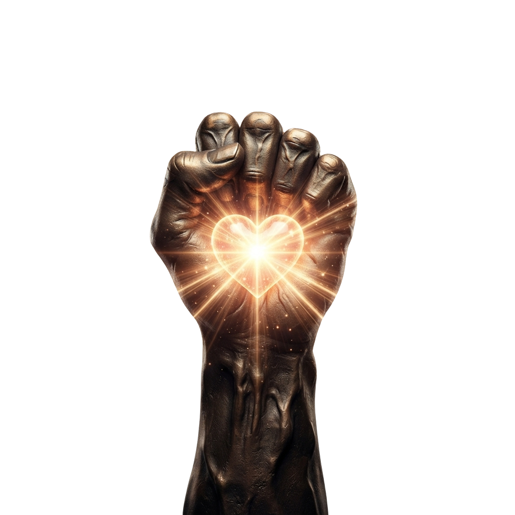 A closed fist emitting a bright glowing heart shape with radiating light beams