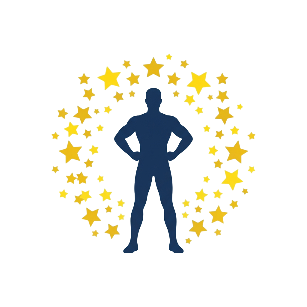 A dark silhouette of a person standing confidently with hands on hips, surrounded by bright yellow stars on a black background.