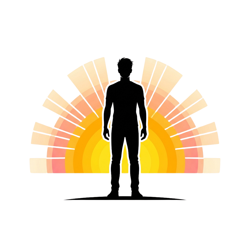 Silhouette of a person standing in front of a vibrant sunrise arch with gradient colors