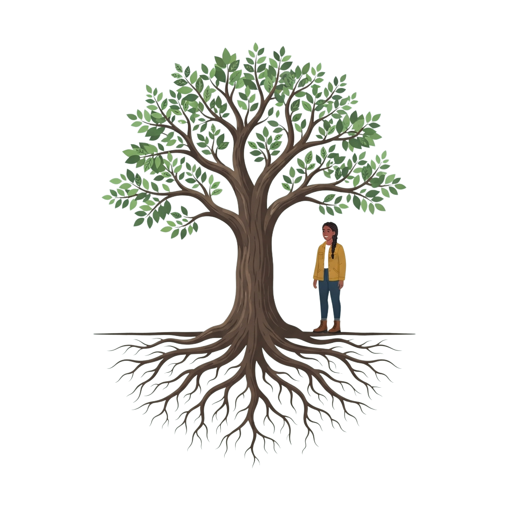 Illustration of a person standing next to the roots of a large tree with extensive root system visible.