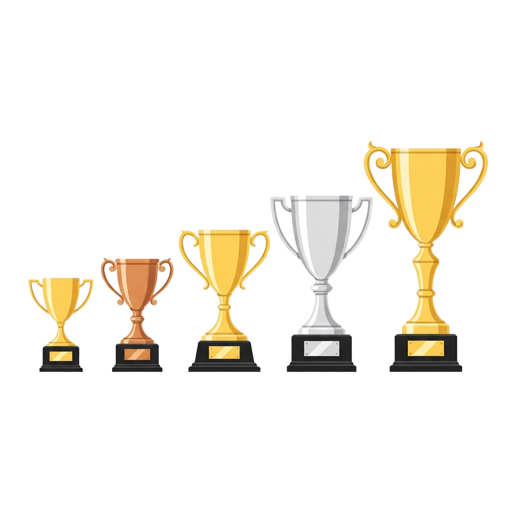 Five trophies arranged from smallest to largest, depicting ascending prize levels with varying colors and sizes