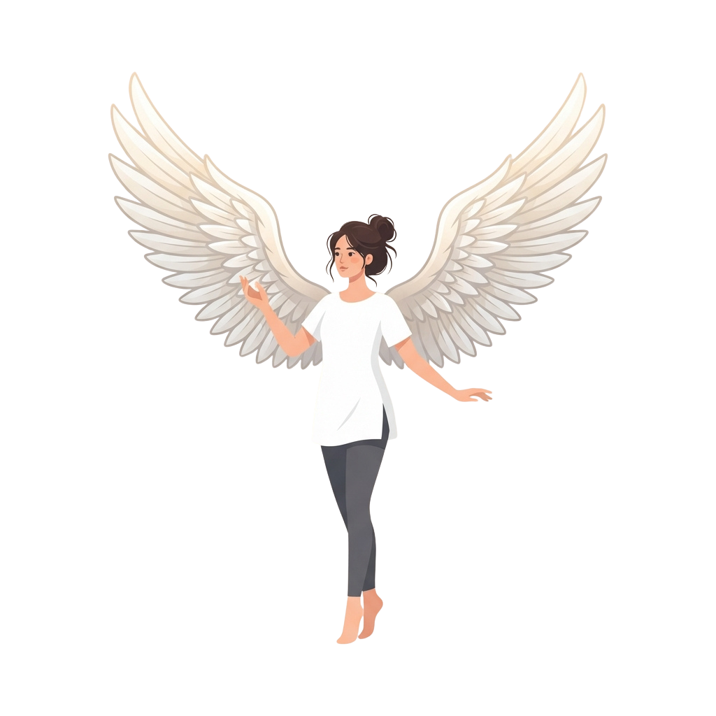 A person with wings spread wide, floating in mid-air, wearing a white top and gray pants.