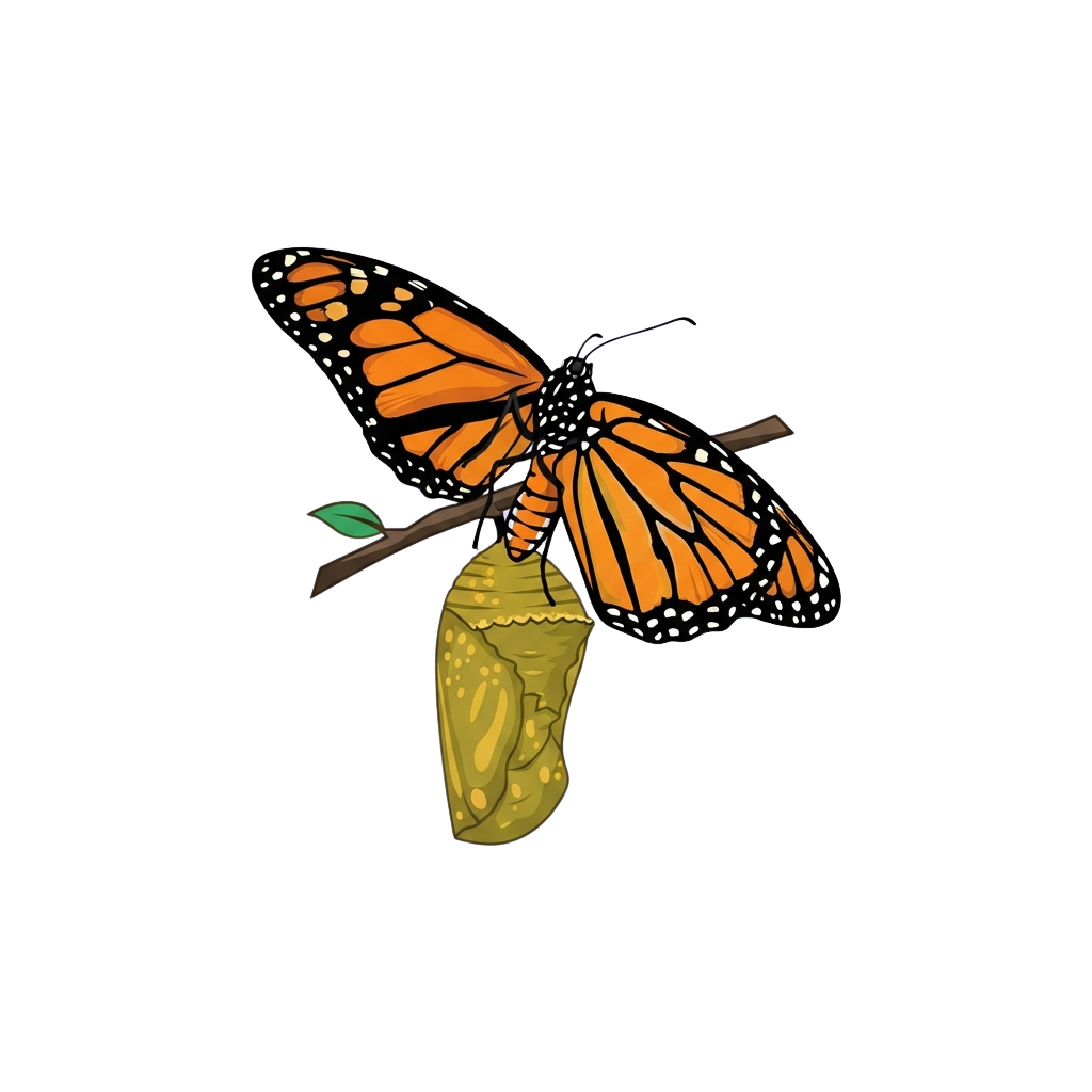 Monarch butterfly with orange and black wings perched beside a green and yellow chrysalis on a brown branch