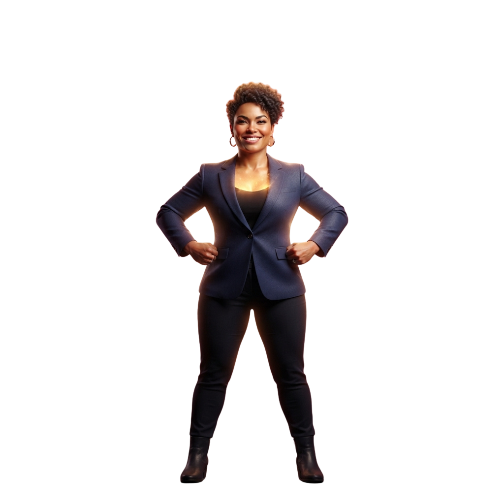 A smiling woman in a navy blazer, black pants, and boots standing confidently with hands on hips against a dark background