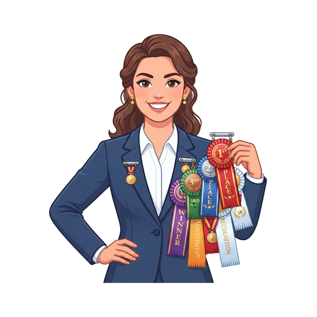 Smiling professional woman in a suit holding various colorful award ribbons and medals