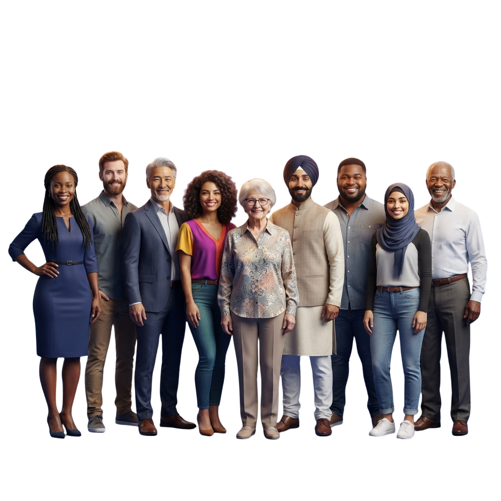 Eight diverse professionals standing together smiling at the camera