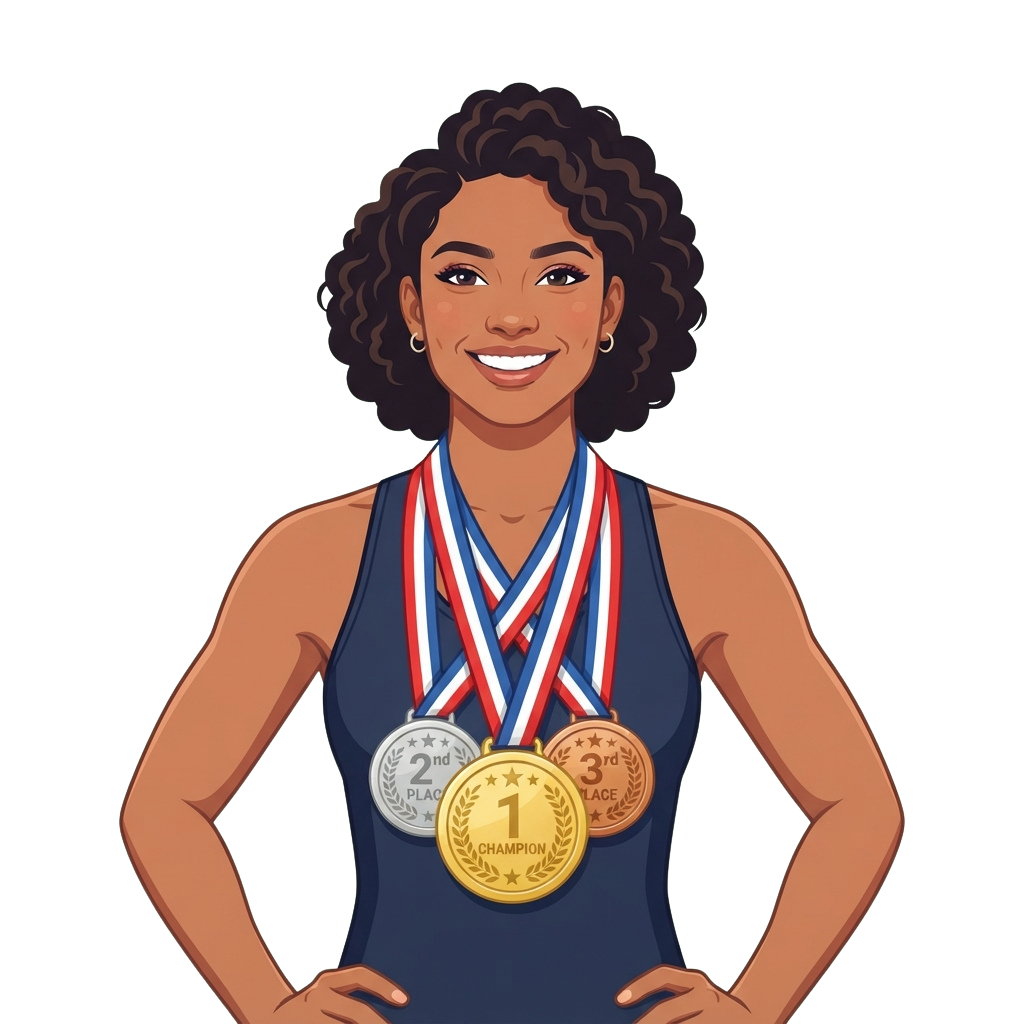 Smiling athlete wearing three medals: gold for first place, silver for second, and bronze for third, with hands on hips