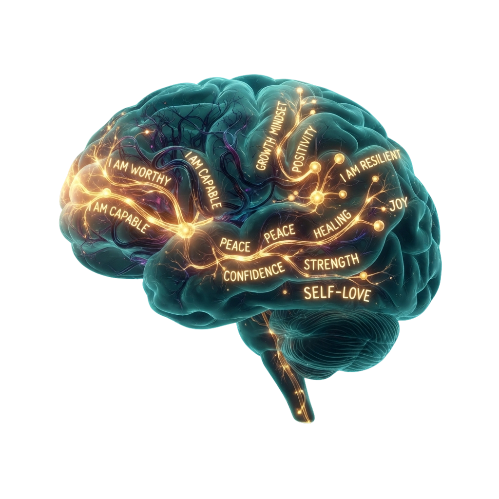 Illustration of a brain with glowing positive affirmations like self-love, confidence, and joy highlighted.