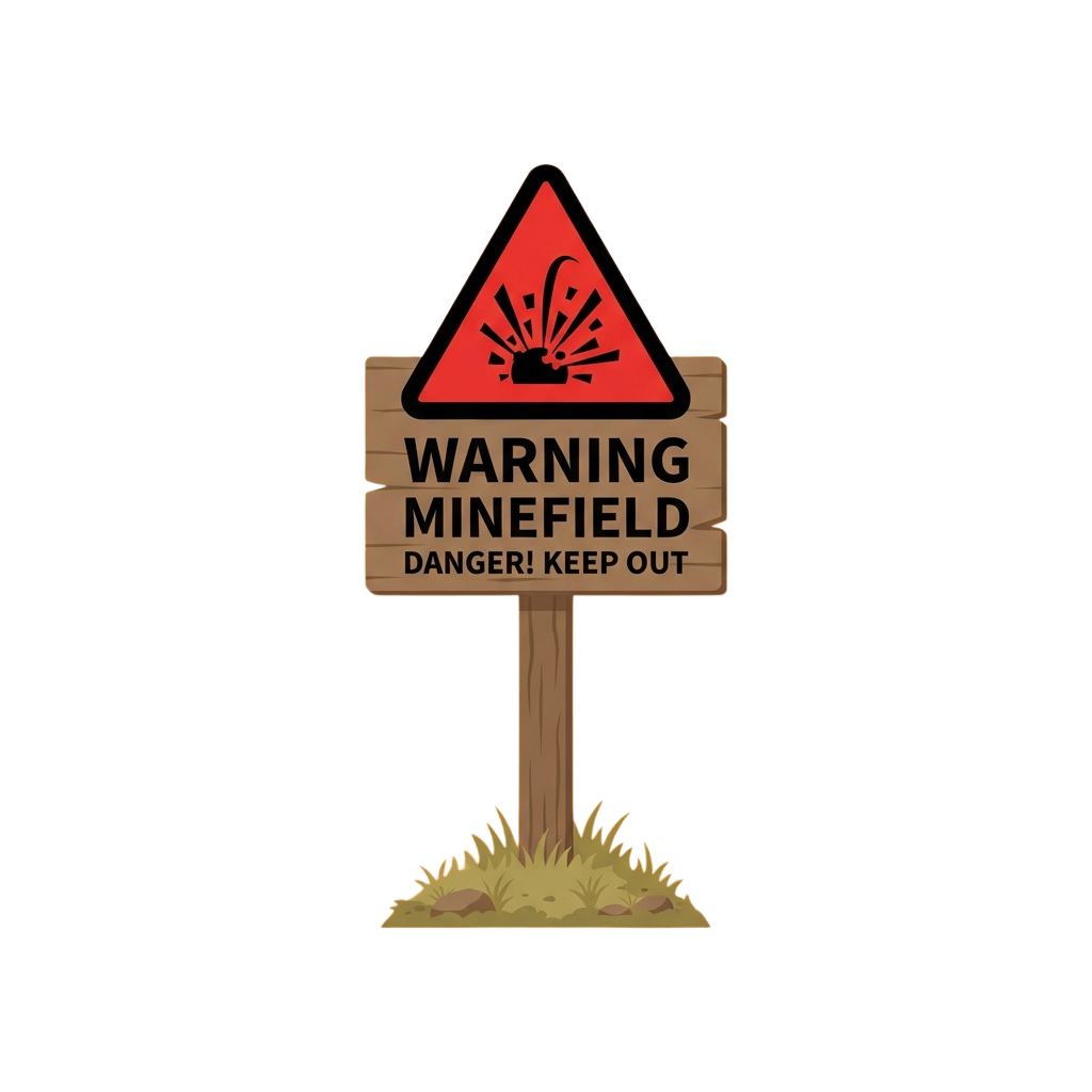 Illustration of a wooden warning sign indicating a minefield with a red triangular danger symbol and explosion graphic