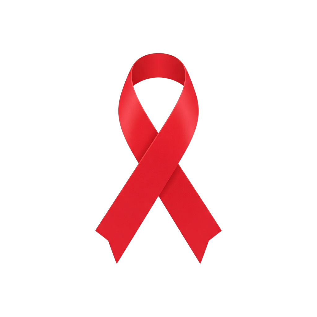 A bright red awareness ribbon against a black background
