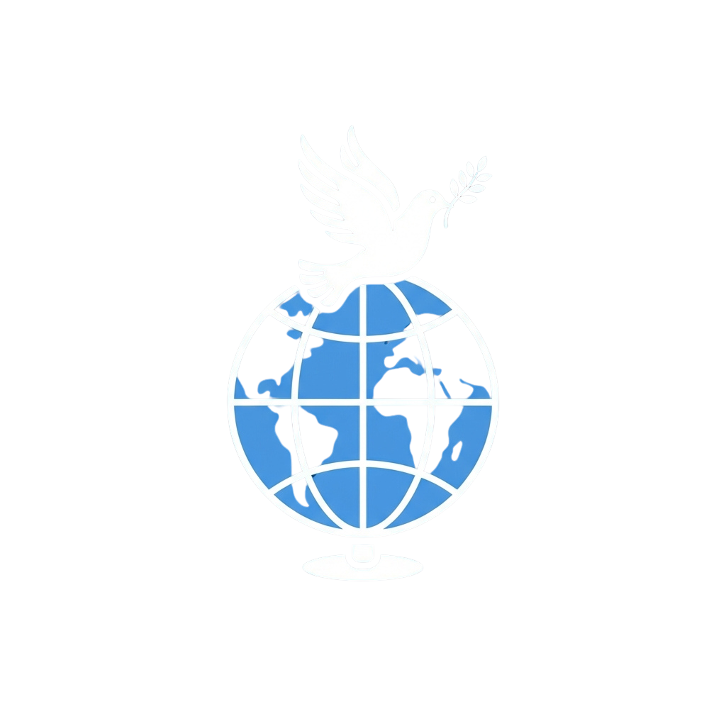 A white dove with an olive branch in its beak perched atop a blue and white globe