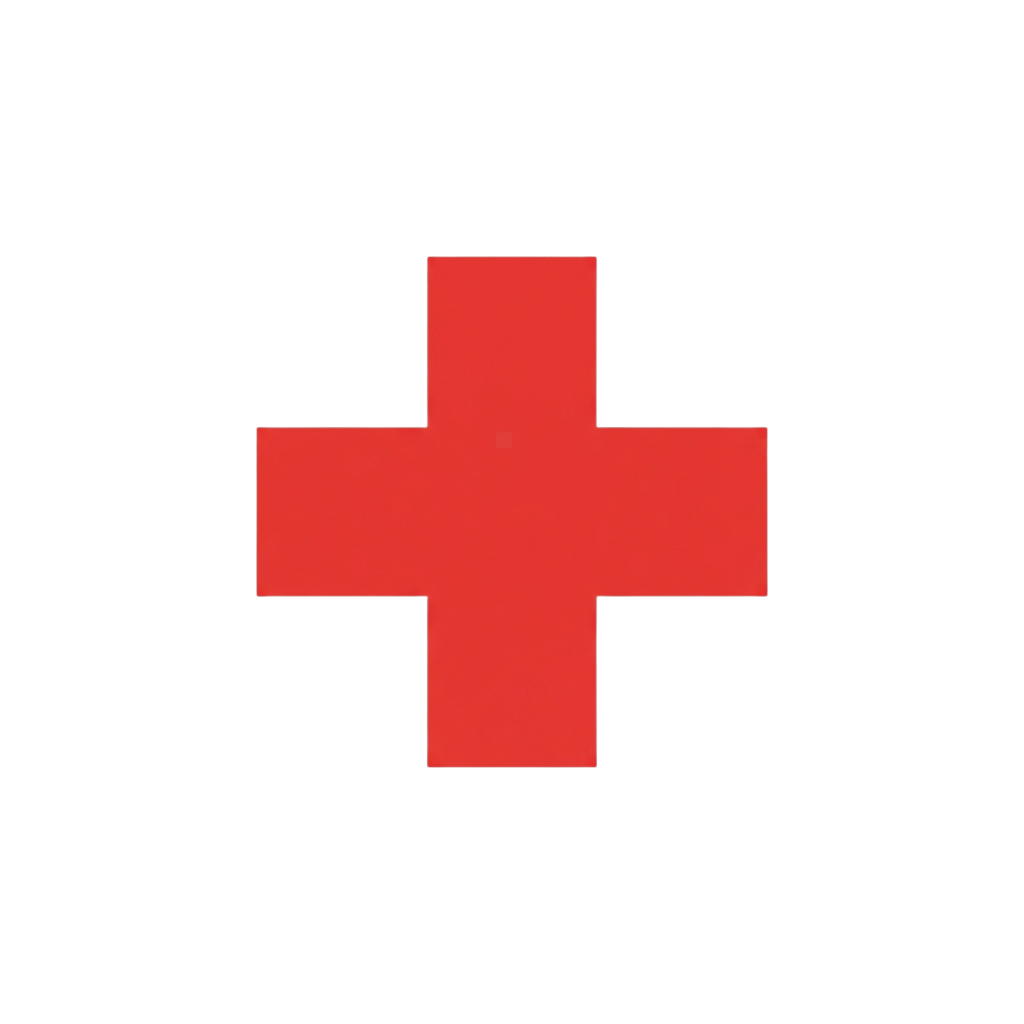 Red cross symbol on black background indicating medical aid or emergency services