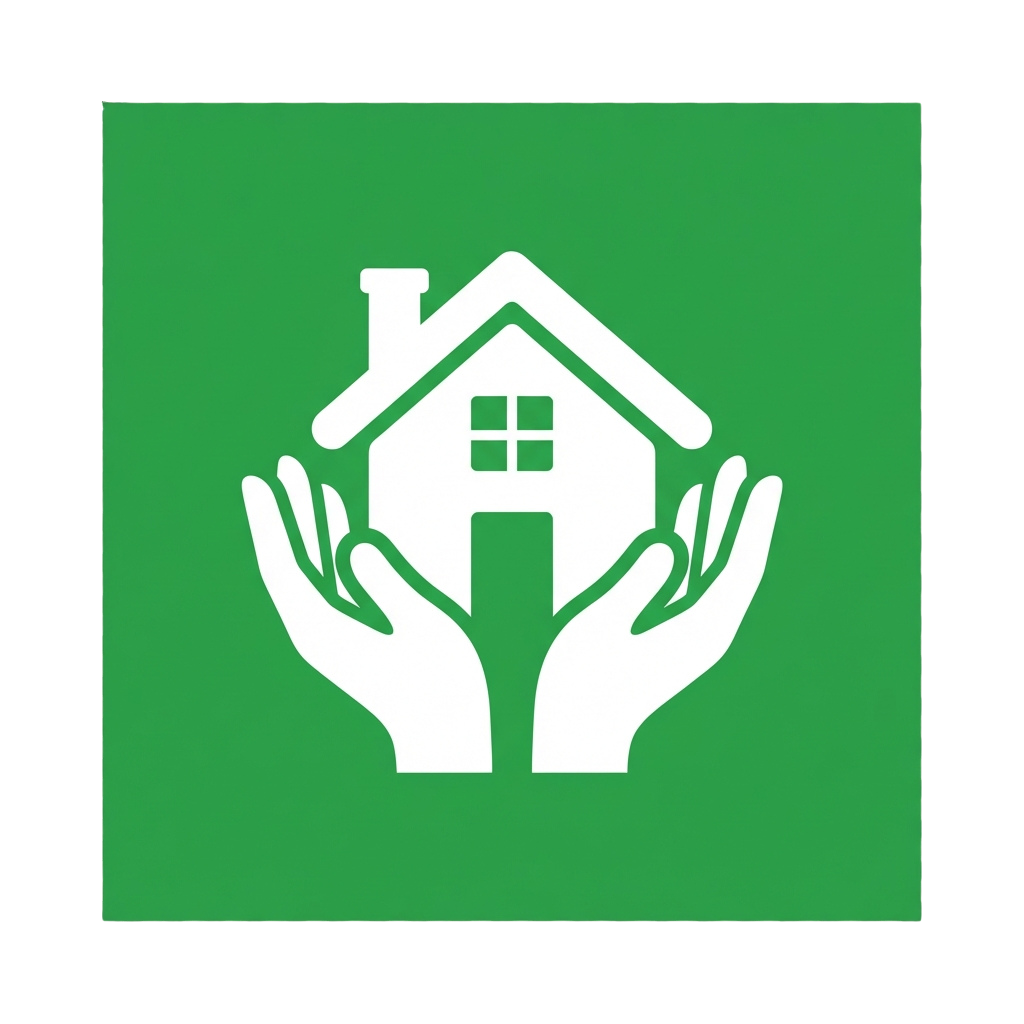 Two hands cradling a house icon symbolizing protection and care for home or housing.