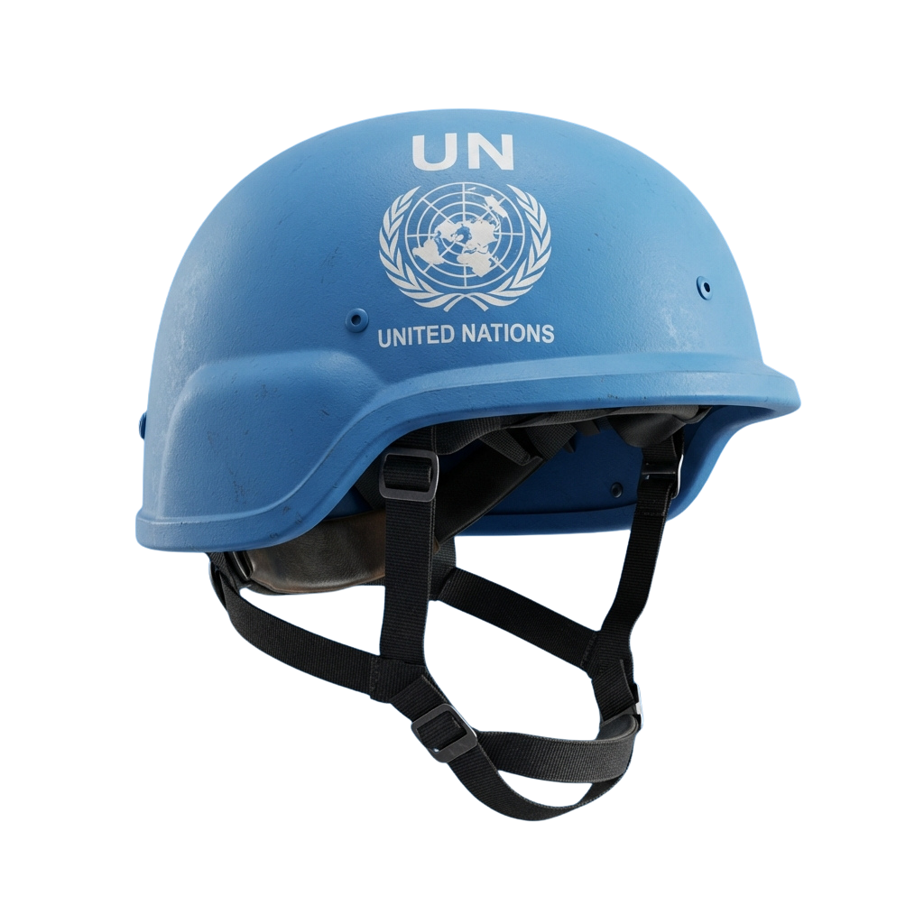 Blue United Nations peacekeeping helmet with UN emblem and text