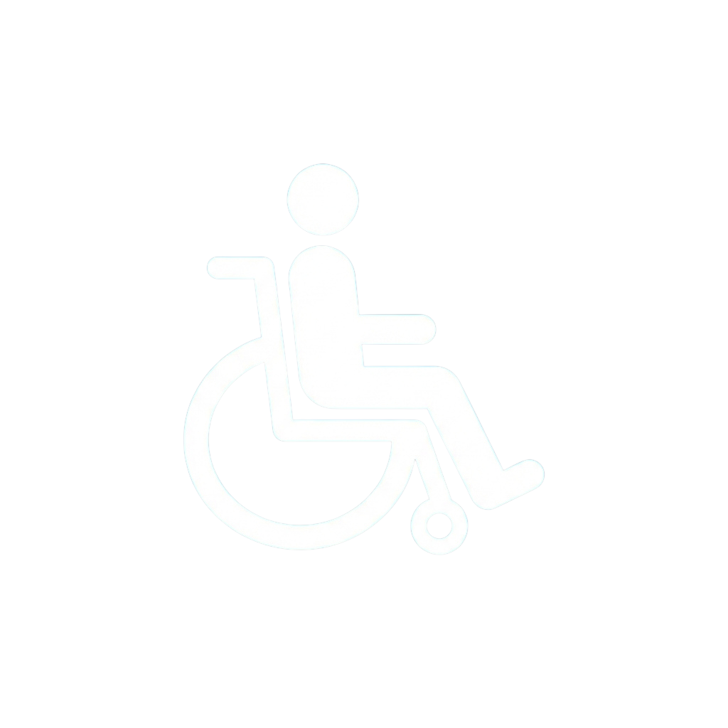 White wheelchair accessibility symbol on black background