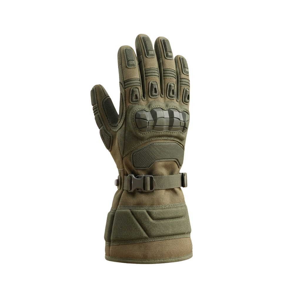 Tan motorcycle glove featuring padded knuckles and wrist strap for protection