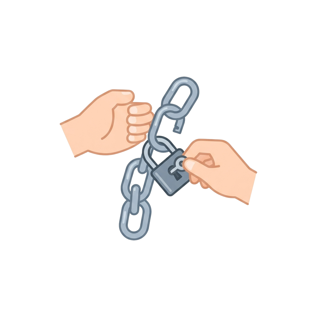 Two hands holding a chain with a padlock, appearing to break or open it together.
