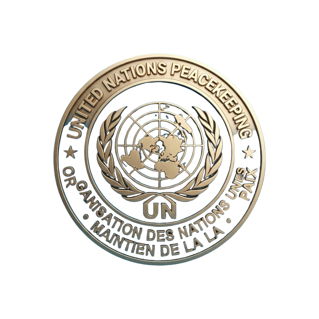 Official emblem of the United Nations Peacekeeping featuring a globe encircled by olive branches and text