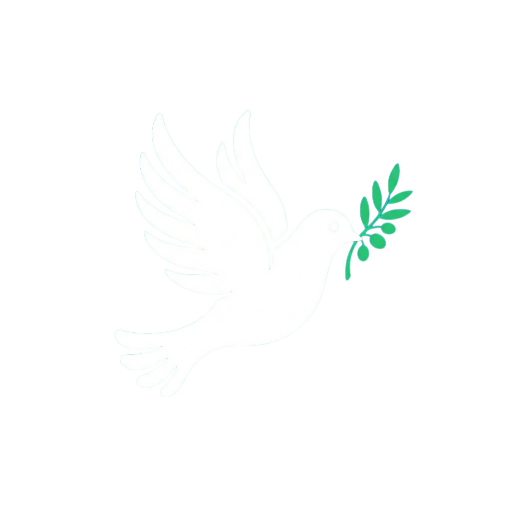 A white dove in flight holding a green olive branch against a black background