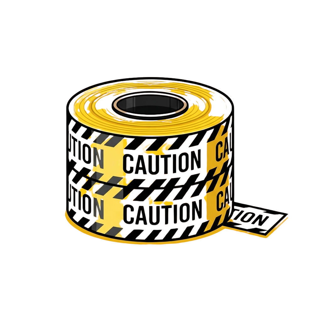 A roll of black and yellow caution tape with diagonal stripes and letters partially visible.