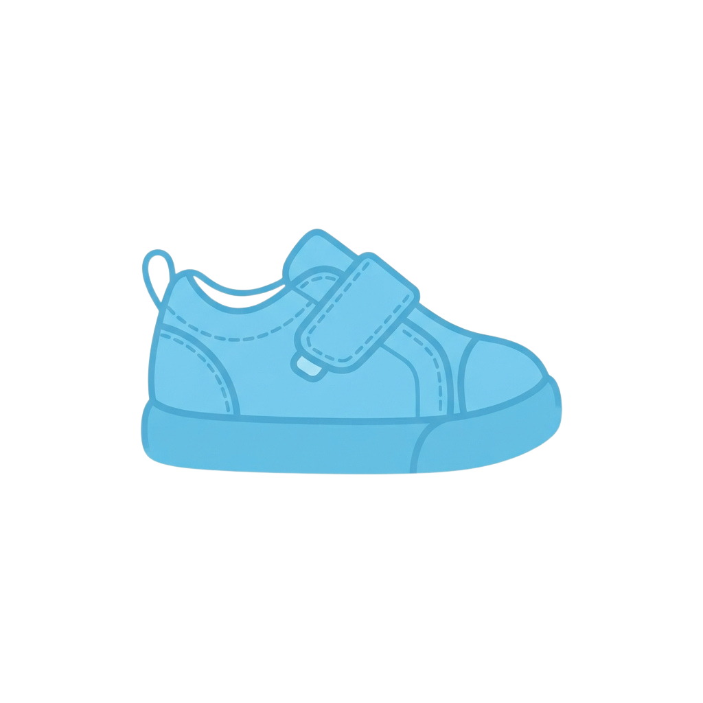 A light blue child's sneaker with Velcro straps on a black background