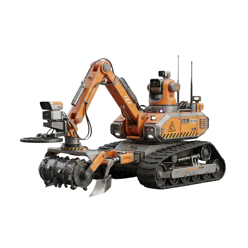 A futuristic robotic excavator with articulated arm and caterpillar tracks on a black background