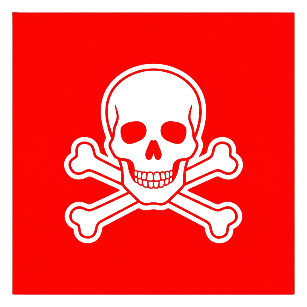 A bold black skull and crossbones symbol on a bright red square background
