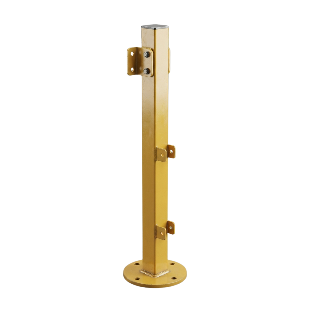 A yellow metal guardrail post with two brackets attached for securing railings