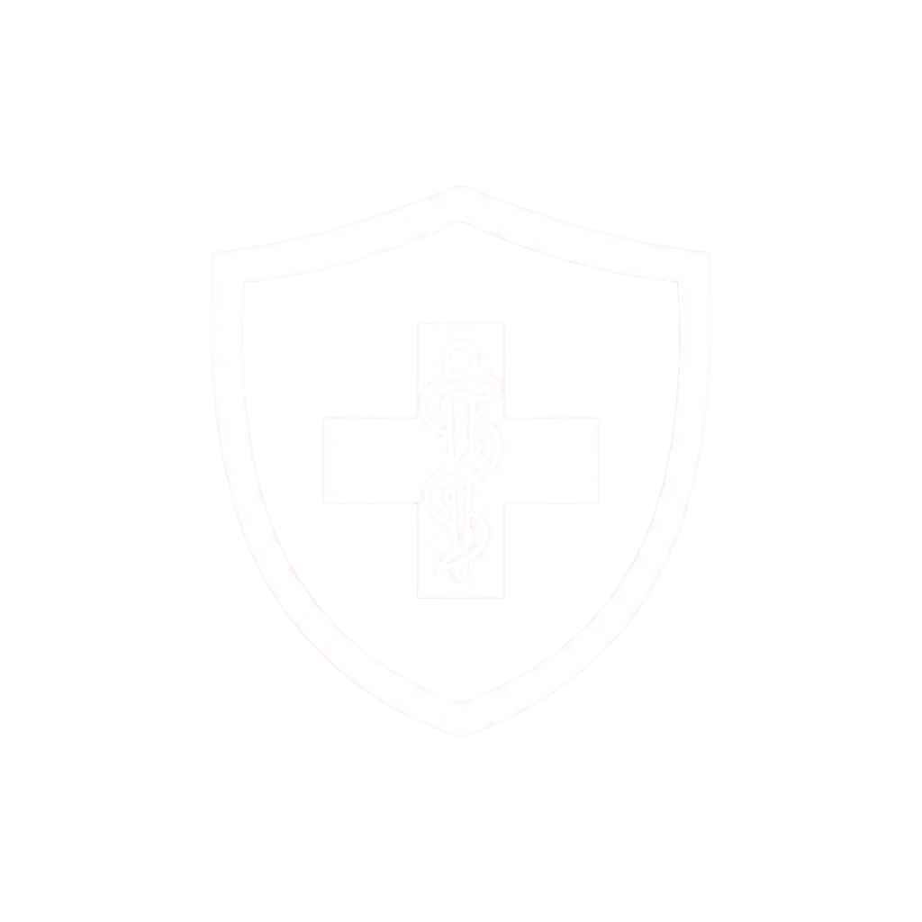A shield-shaped emblem featuring a white cross and rod of Asclepius symbol on a black background