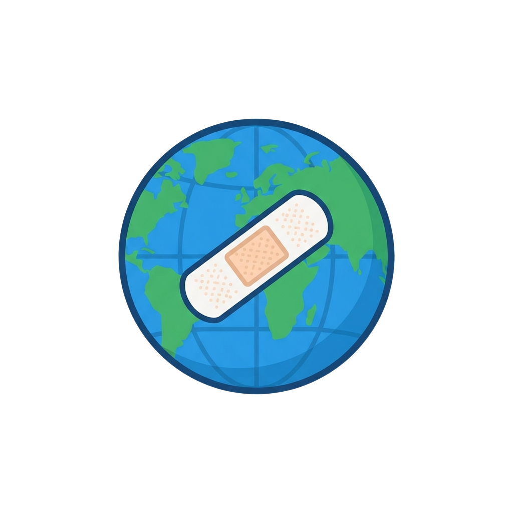 A stylized image of a white bandage placed over a blue and green globe