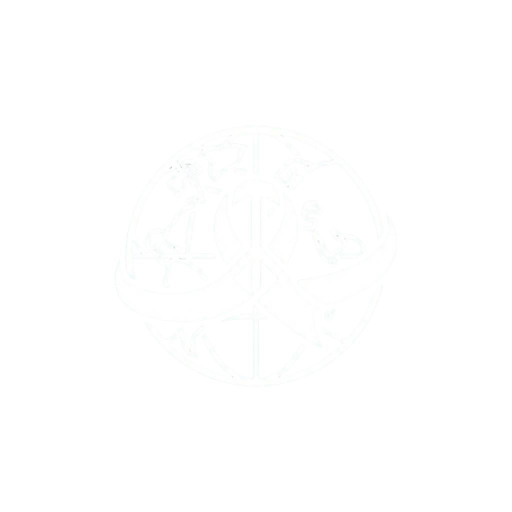White peace symbol emblem featuring human figures in a circular globe design on black background