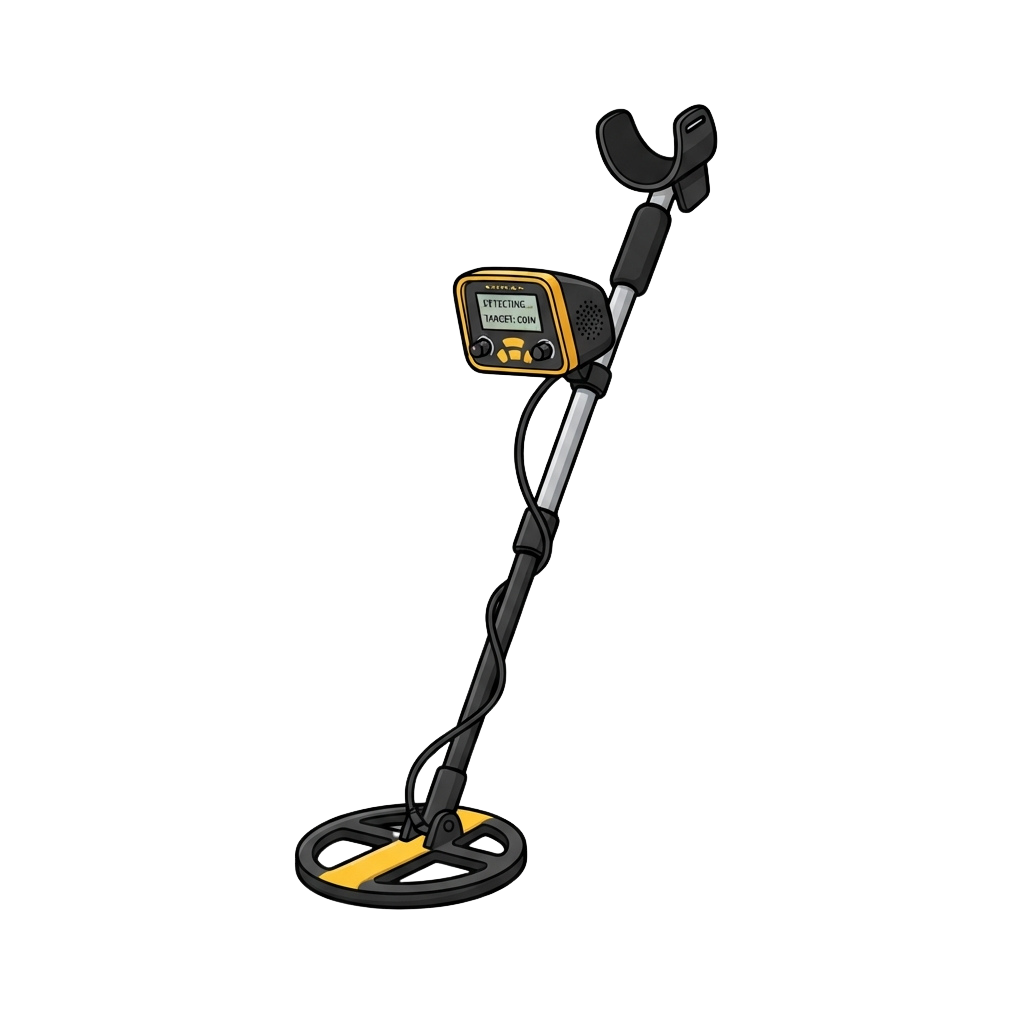 Illustration of a metal detector featuring a control box and search coil on a black background