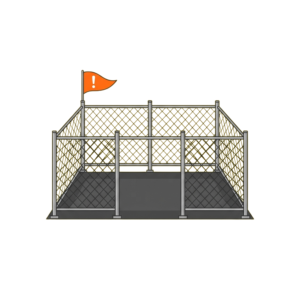 An outdoor soccer goal with a yellow net and an orange flag with an exclamation mark