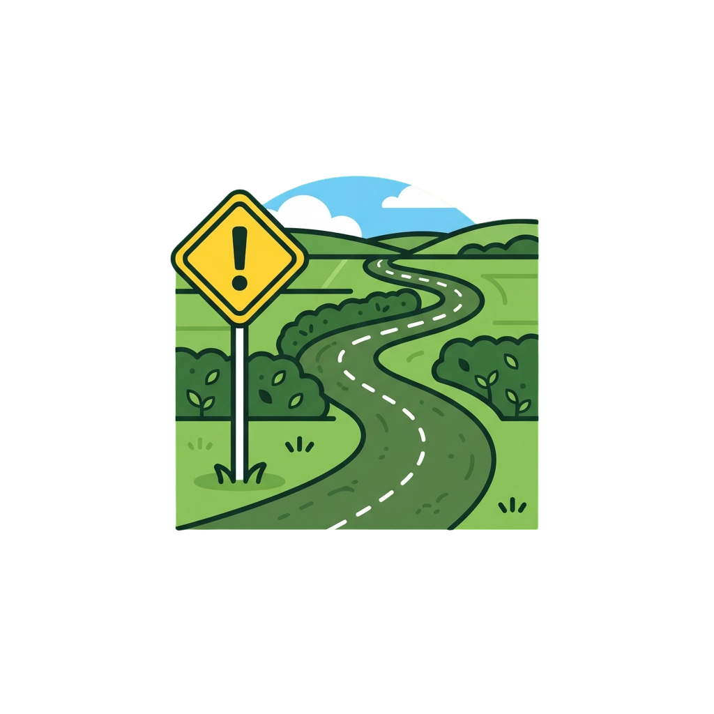 Yellow diamond warning sign with exclamation mark on a winding road through green hills under a blue sky