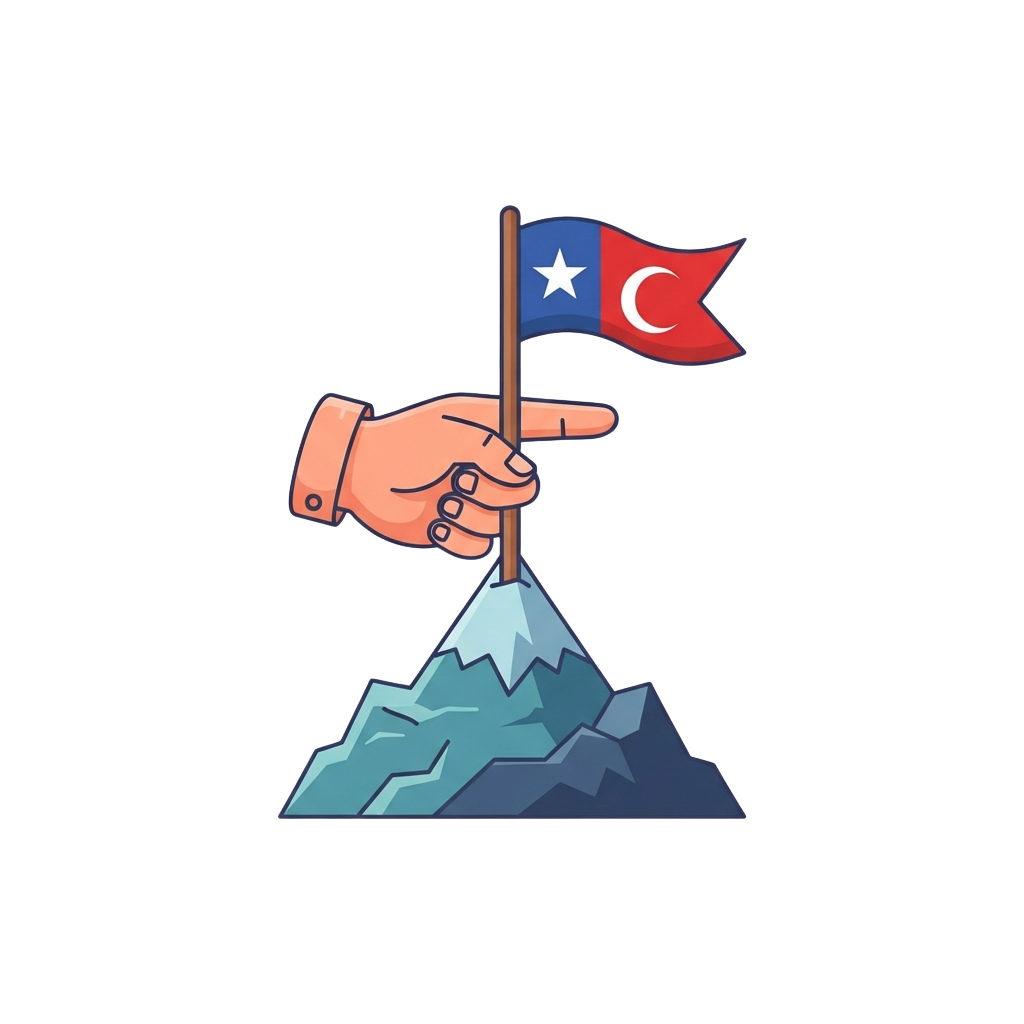 A hand in a sleeve plants a flag with a white star and crescent moon on a mountain summit.