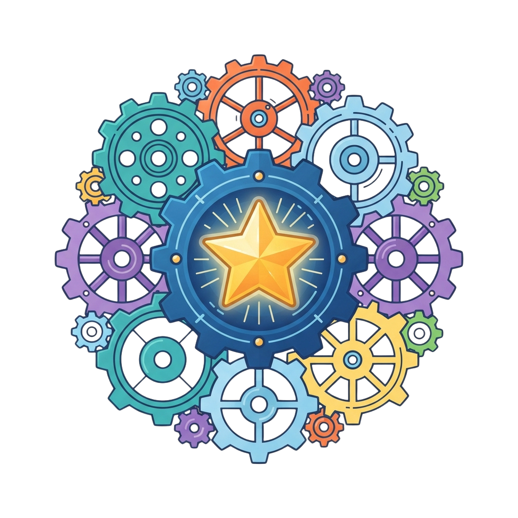 Illustration of colorful gears arranged in a circle around a glowing star shape