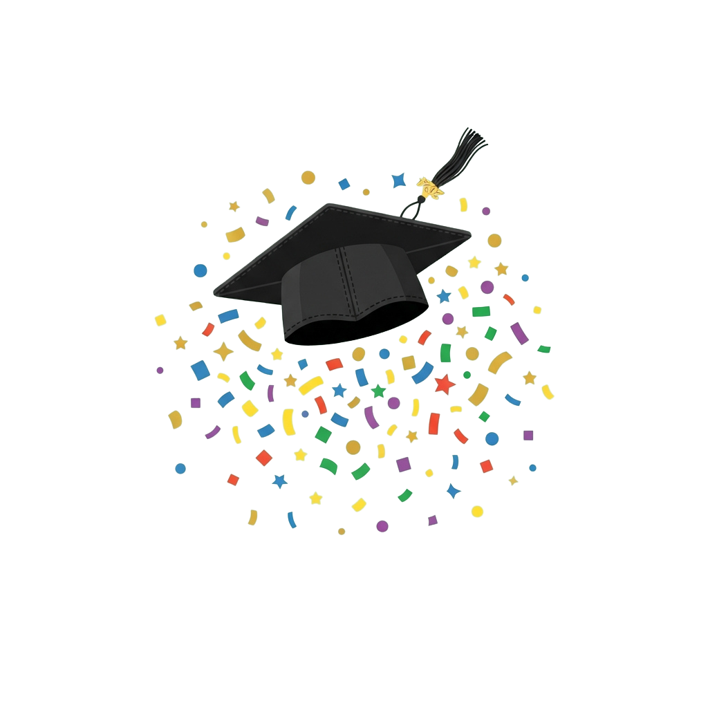 A graduation cap surrounded by colorful falling confetti against a black background